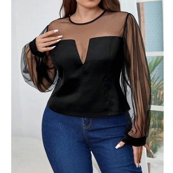 Plus Black Semi Sheer Long Sleeve top - Picture 4 of 5